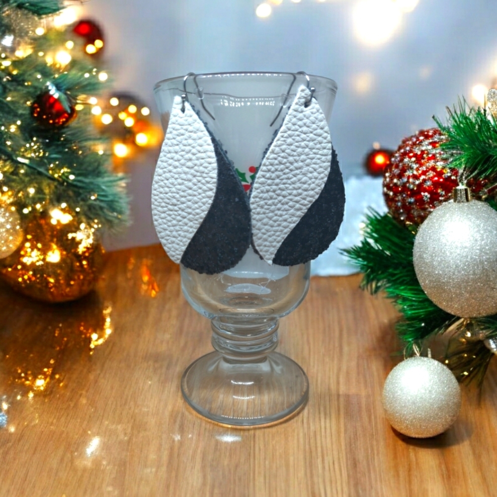 Black and White faux leather and glitter Large Teardrop Earrings